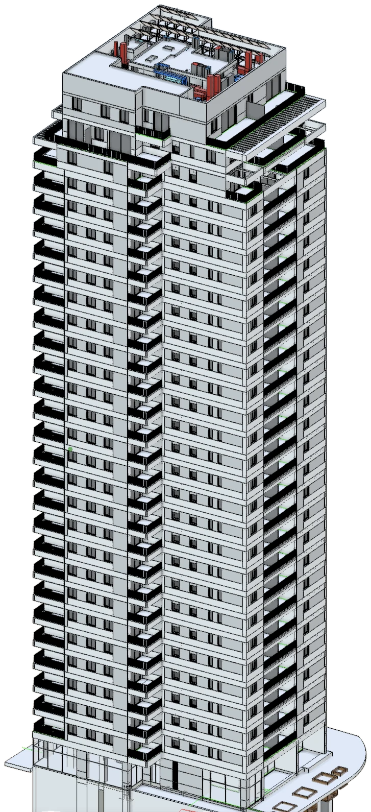A residential tower from the coordinated BIM model, with three findings pinned to it